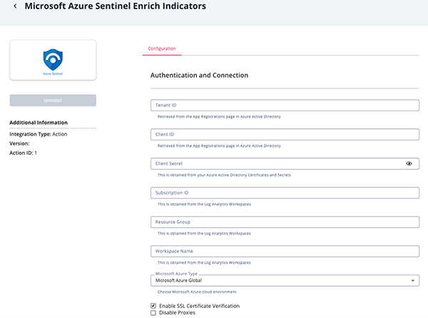 Enrich Indicators Action Configuration Screen