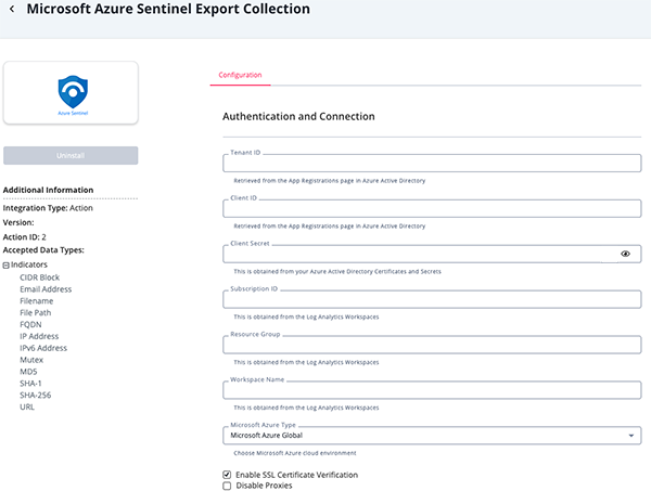 Export Collection Action Configuration Screen