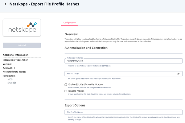 Export File Profile Hashes Configuration Screen