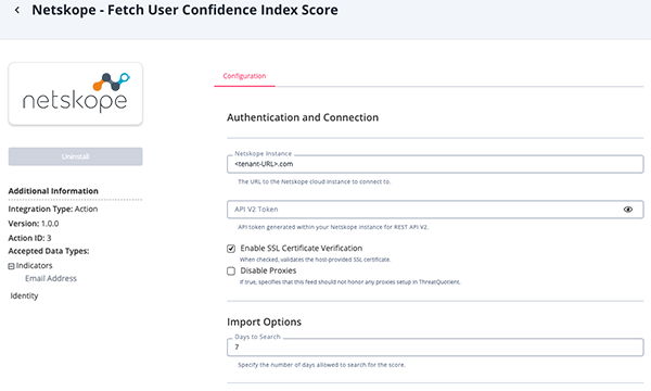 User Confidence Index Score Configuration Screen