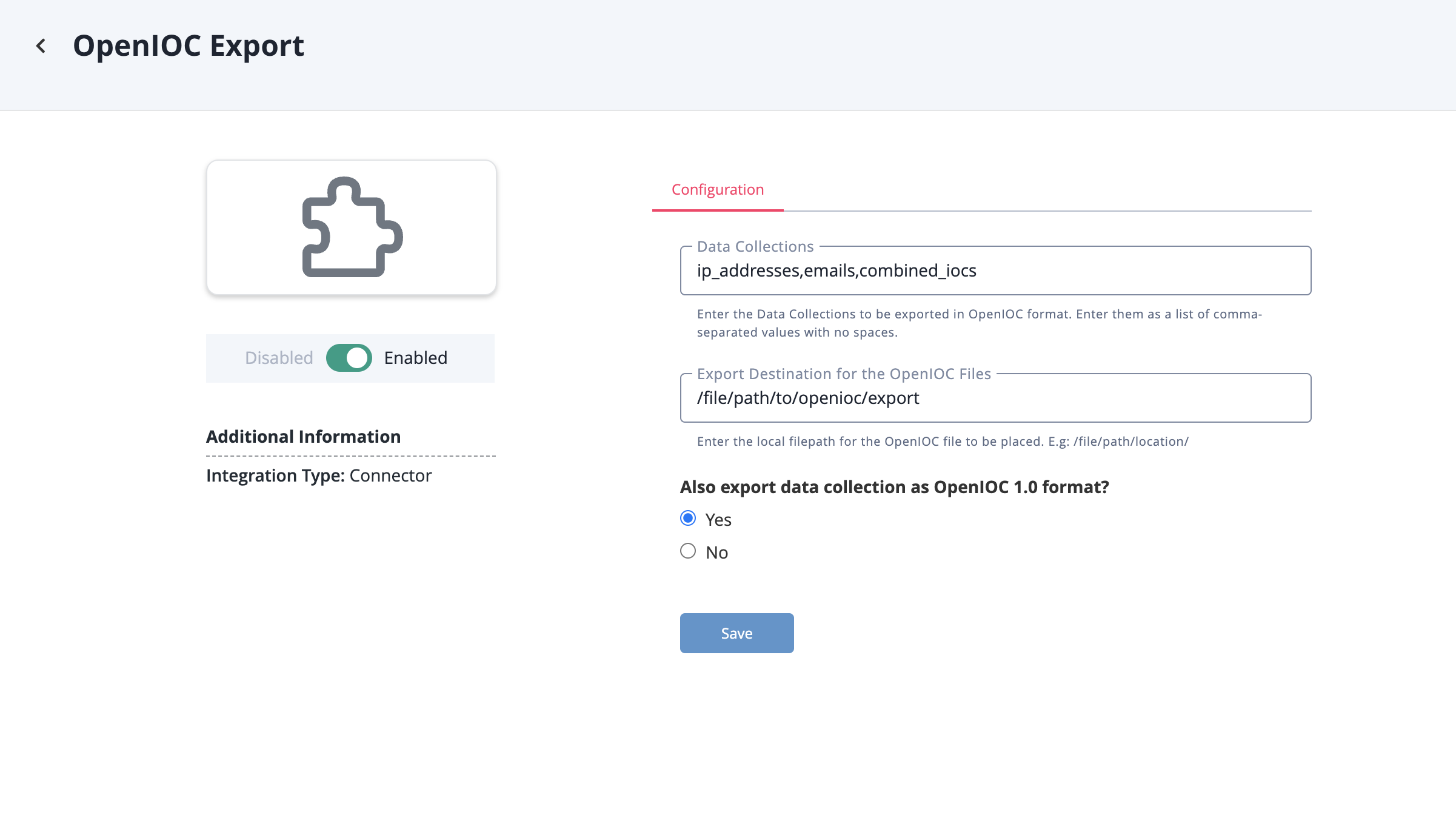 OpenIOC Export Connector Configuration Screen
