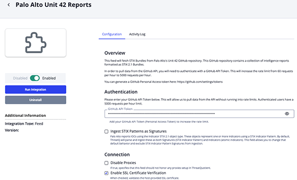 Palo Alto Unit 42 Reports Configuration Screen
