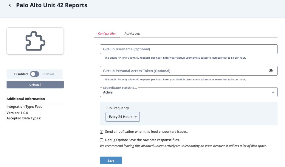 Palo Alto Unit 42 Reports Configuration Screen