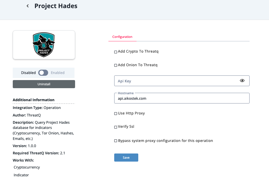 Project Hades Configuration Screen