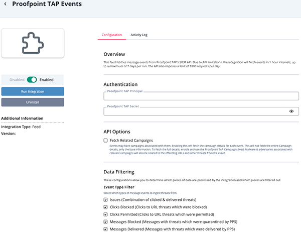 Events Configuration Screen