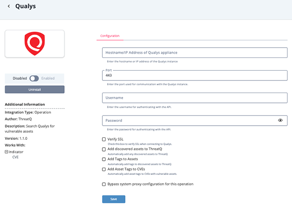 Qualys Operation Configuration Screen