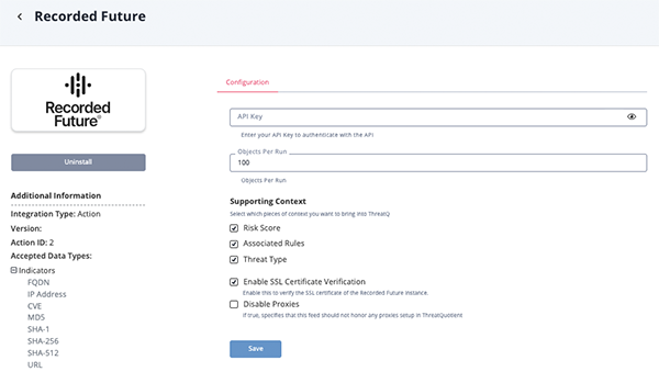 Recorded Future Action Configuration Screen