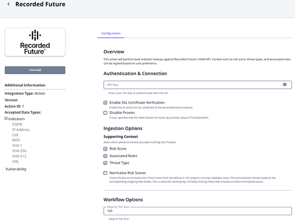 Recorded Future Action Configuration Screen