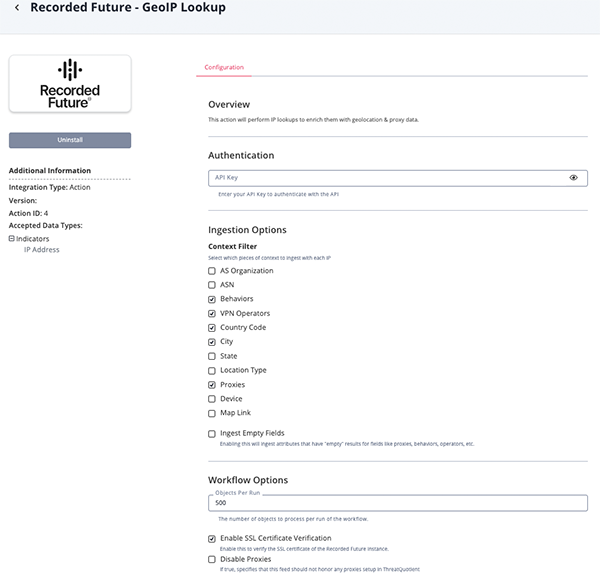 GeoIP Lookup Action Configuration Screen