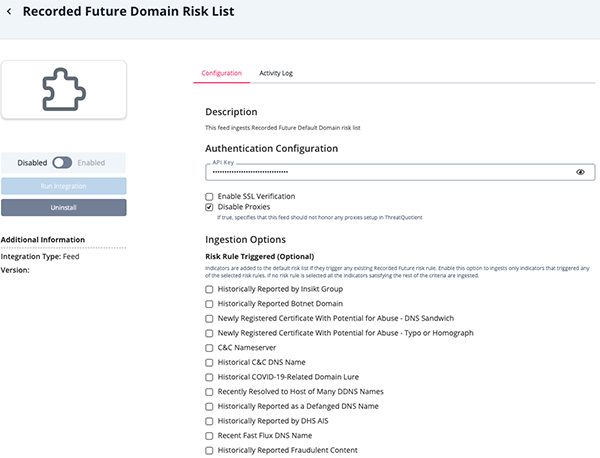 Recorded Future Domain Risk List Configuration Screen