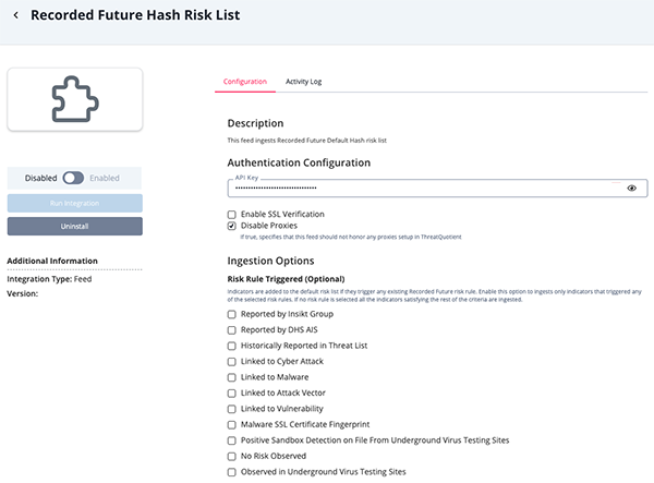 Recorded Future Hash Risk List Configuration Screen