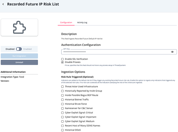 Recorded Future IP Risk List Configuration Screen