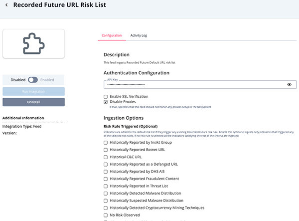 Recorded Future URL Risk List Configuration Screen