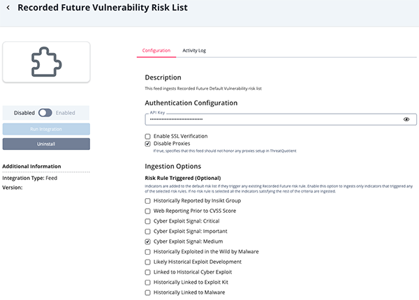 Recorded Future Vulnerability Risk List Configuration Screen