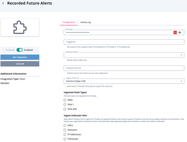 Recorded Future Alerts Configuration Screen