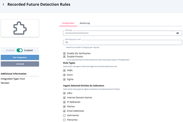 Recorded Future Playbook Alerts Configuration Screen