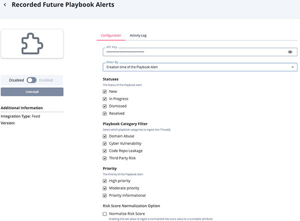 Recorded Future Playbook Alerts Configuration Screen
