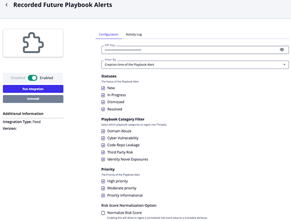 Recorded Future Playbook Alerts Configuration Screen