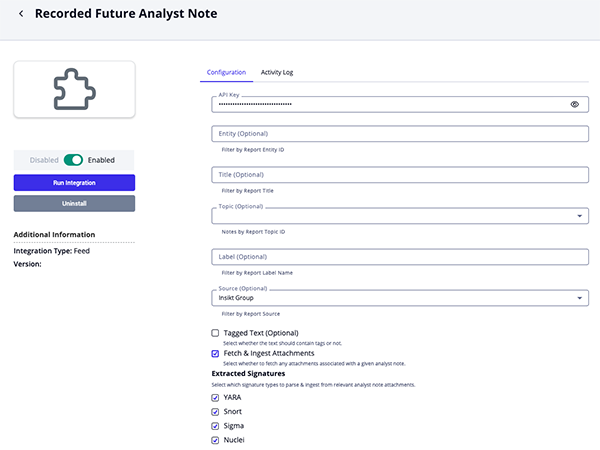 Recorded Future Analyst Note Configuration Screen