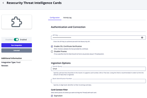 Intelligence Cards Configuration Screen
