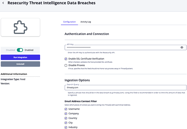 Intelligence Data Breaches Configuration Screen