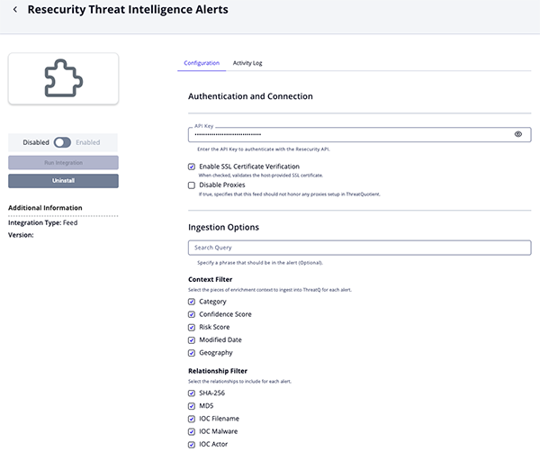 Intelligence Alerts Configuration Screen
