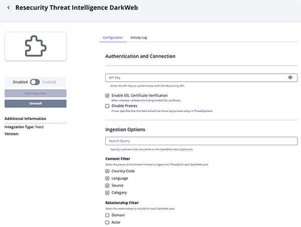 Intelligence DarkWeb Configuration Screen
