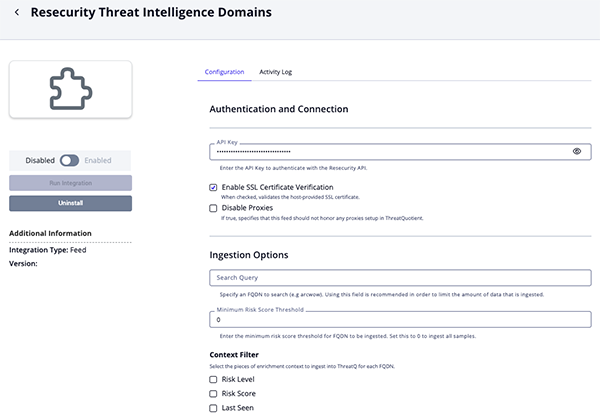 Intelligence Domains Configuration Screen