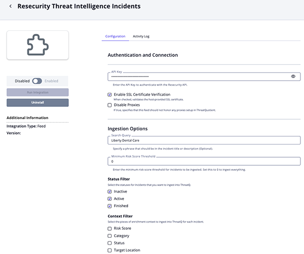 Intelligence Incidents Configuration Screen