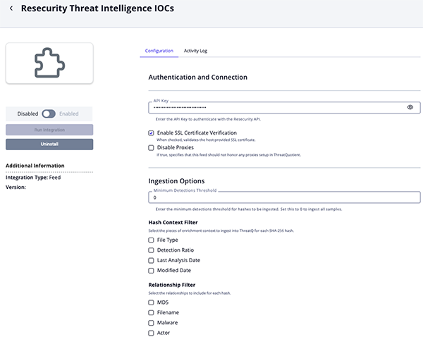 Intelligence IOCs Configuration Screen