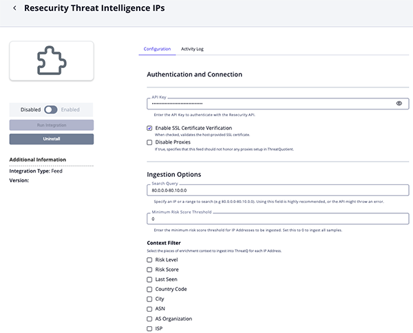 Intelligence IPs Configuration Screen