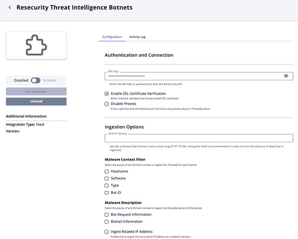 Intelligence Botnets Configuration Screen