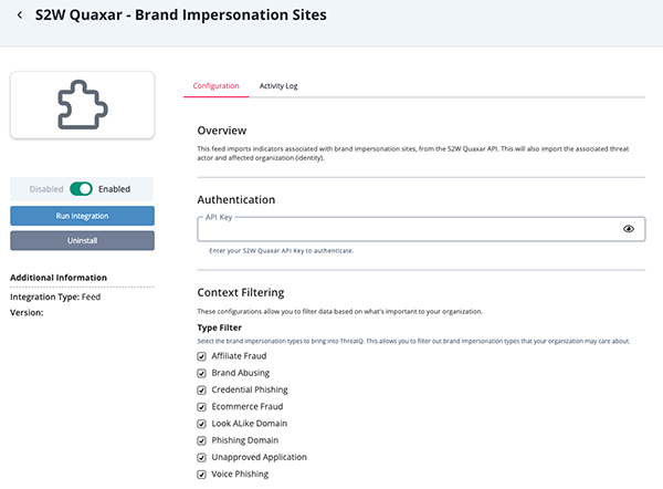 Brand Impersonation Sites Configuration Screen