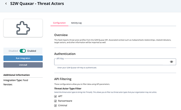 Threat Actor Configuration Screen