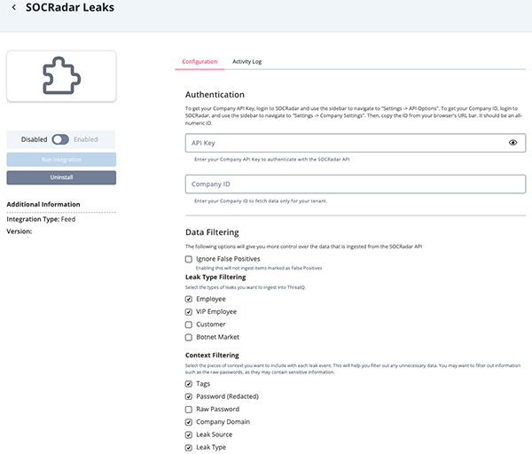 Leak Configuration Screen