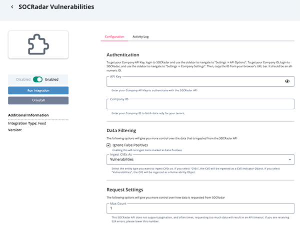 Vulnerabilities Configuration Screen