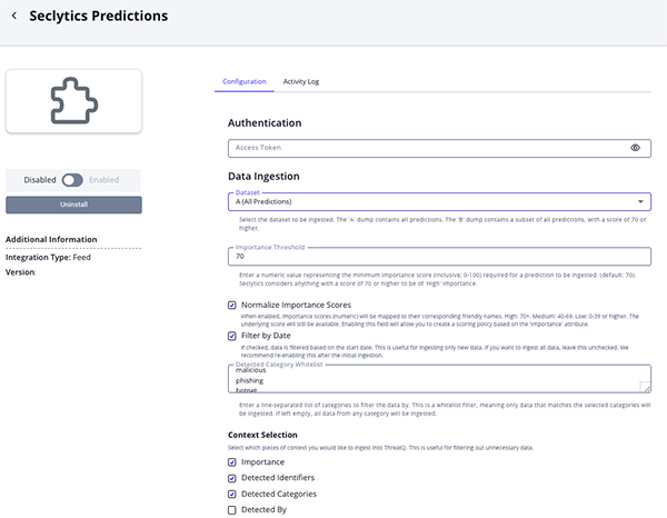 Seclytics Configuration Screen