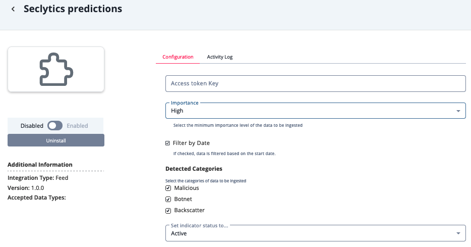 Seclytics Configuration Screen