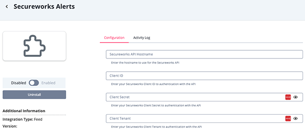 Secureworks Alerts Configuration Screen