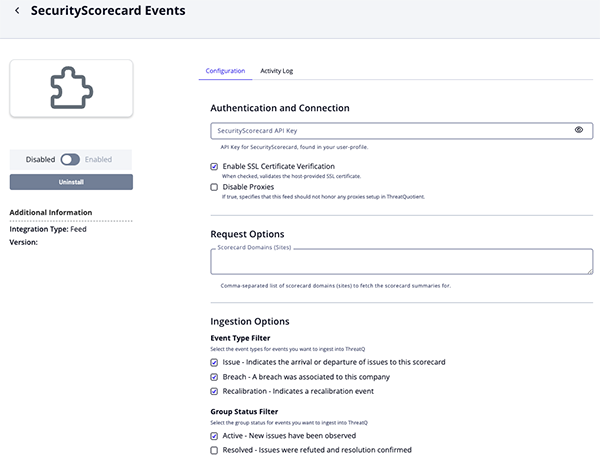 Events Configuration Screen