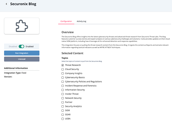 Securonix Blog Configuration Screen