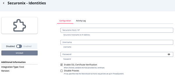 Identities Configuration Screen