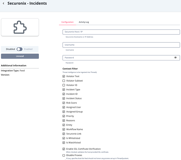 Incidents Configuration Screen