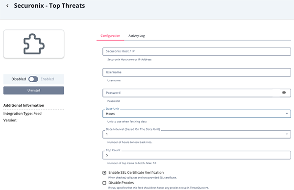 Top Threats Configuration Screen
