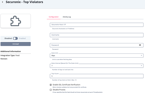 Top Violators Configuration Screen