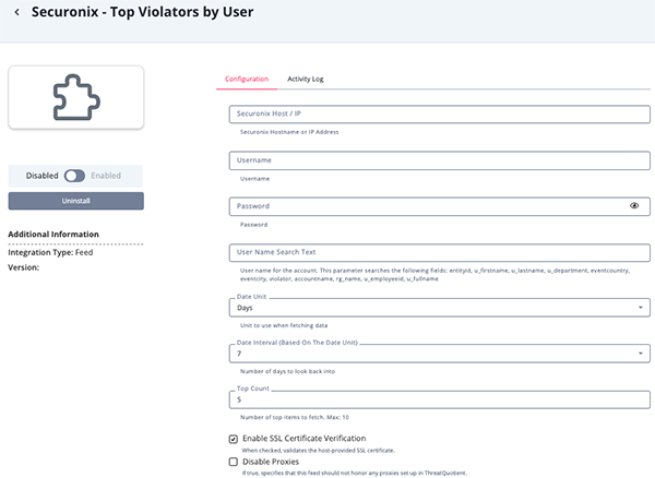 Top Violators by Username Configuration Screen