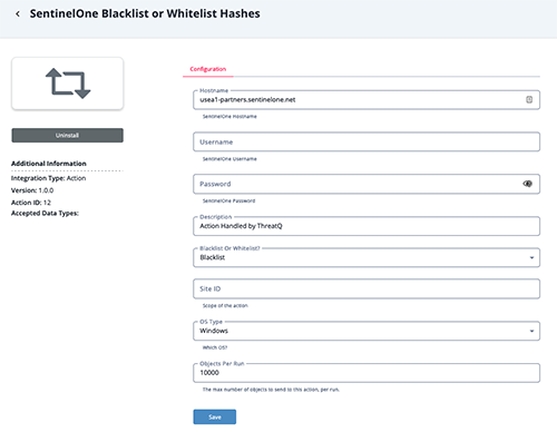 SentinelOne Black List or Whitelist Hashes Configuration Screen