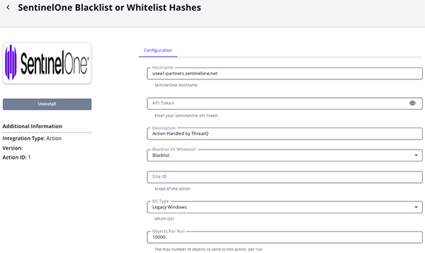 SentinelOne Black List or Whitelist Hashes Configuration Screen