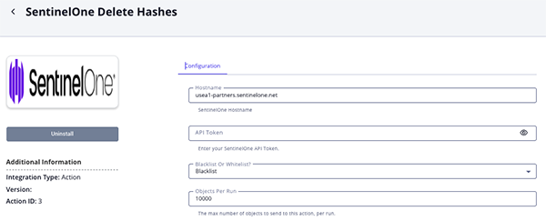 Delete Hashes Configuration Screen