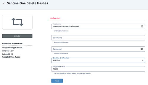 Delete Hashes Configuration Screen